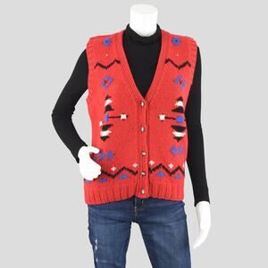 Vintage Red Wool Sweater Vest, Southwestern Aztec Print, Women's Small - Medium